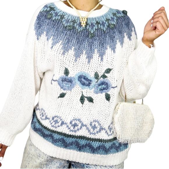 Vintage Sweaters - 1980s Huntington & Ridge Sweater Vintage Blue Floral Chunky Knit Sweater Grandma